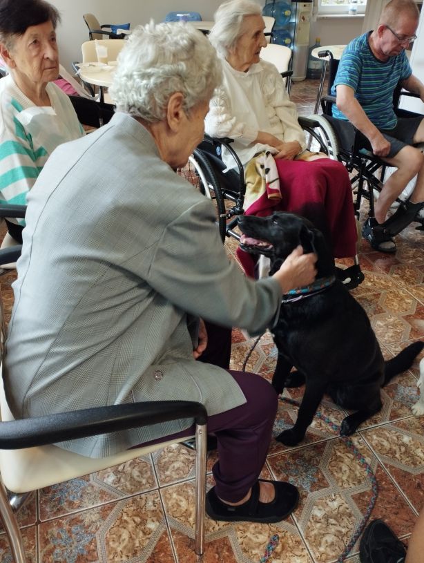 Na zdjęciu widać grupę osób w pomieszczeniu. Jedna z nich, ubrana w szary żakiet i fioletowe spodnie, siedzi na krześle i głaszcze czarnego psa. W tle znajdują się inne osoby, z których część siedzi na wózkach inwalidzkich. W pomieszczeniu są także meble – stoły i krzesła. Podłoga jest wyłożona kafelkami z geometrycznym wzorem.